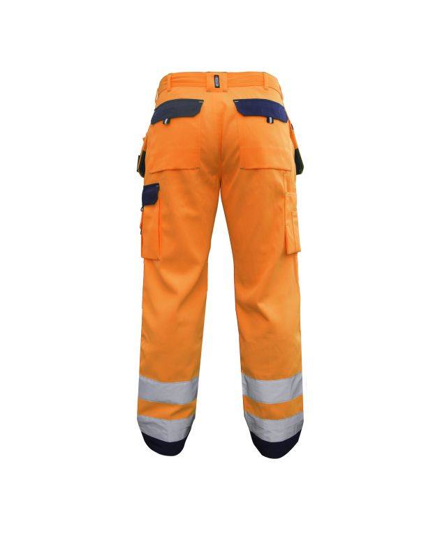 Warnschutzhose mit Holstertaschen und Kniepolstertaschen, NEONORANGE/DUNKELBLAU , Kurzgröße, Gr. 48-1