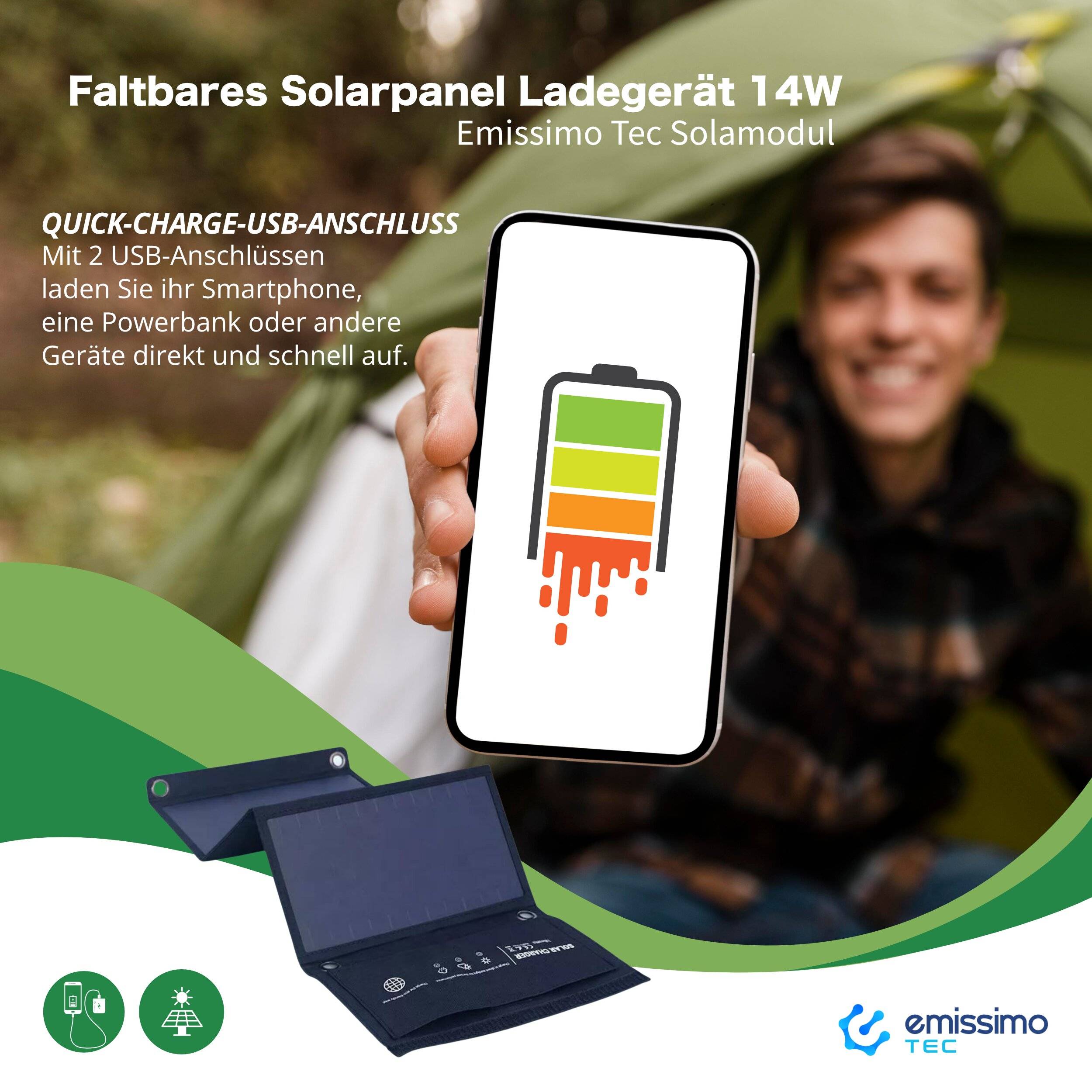 Faltbares Solarpanel Ladegerät 14W monokristallines Solarmodul mit 2x Quick-Charge-USB-1