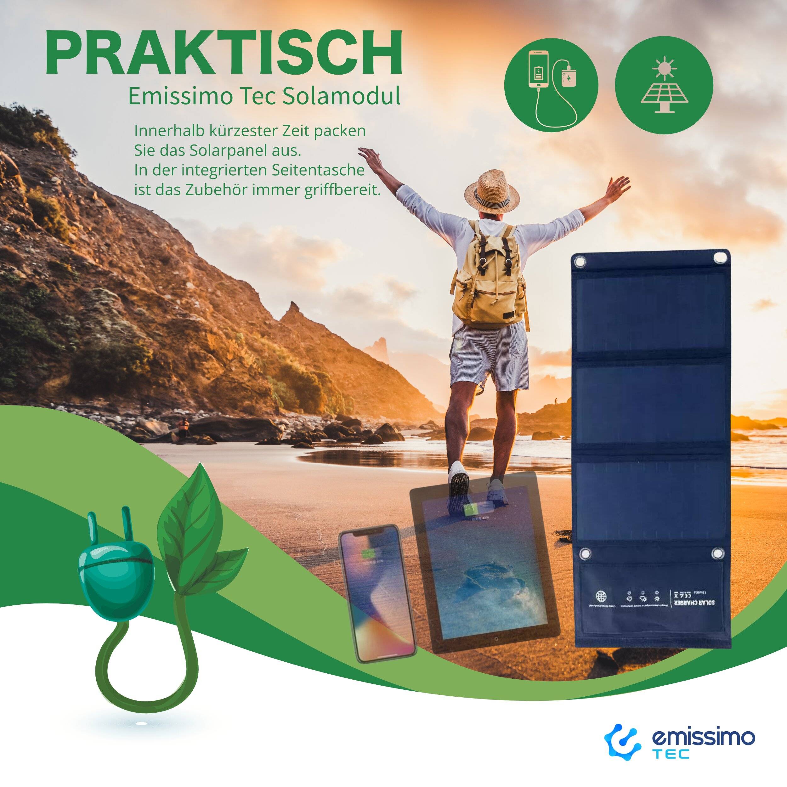 Faltbares Solarpanel Ladegerät 14W monokristallines Solarmodul mit 2x Quick-Charge-USB-3