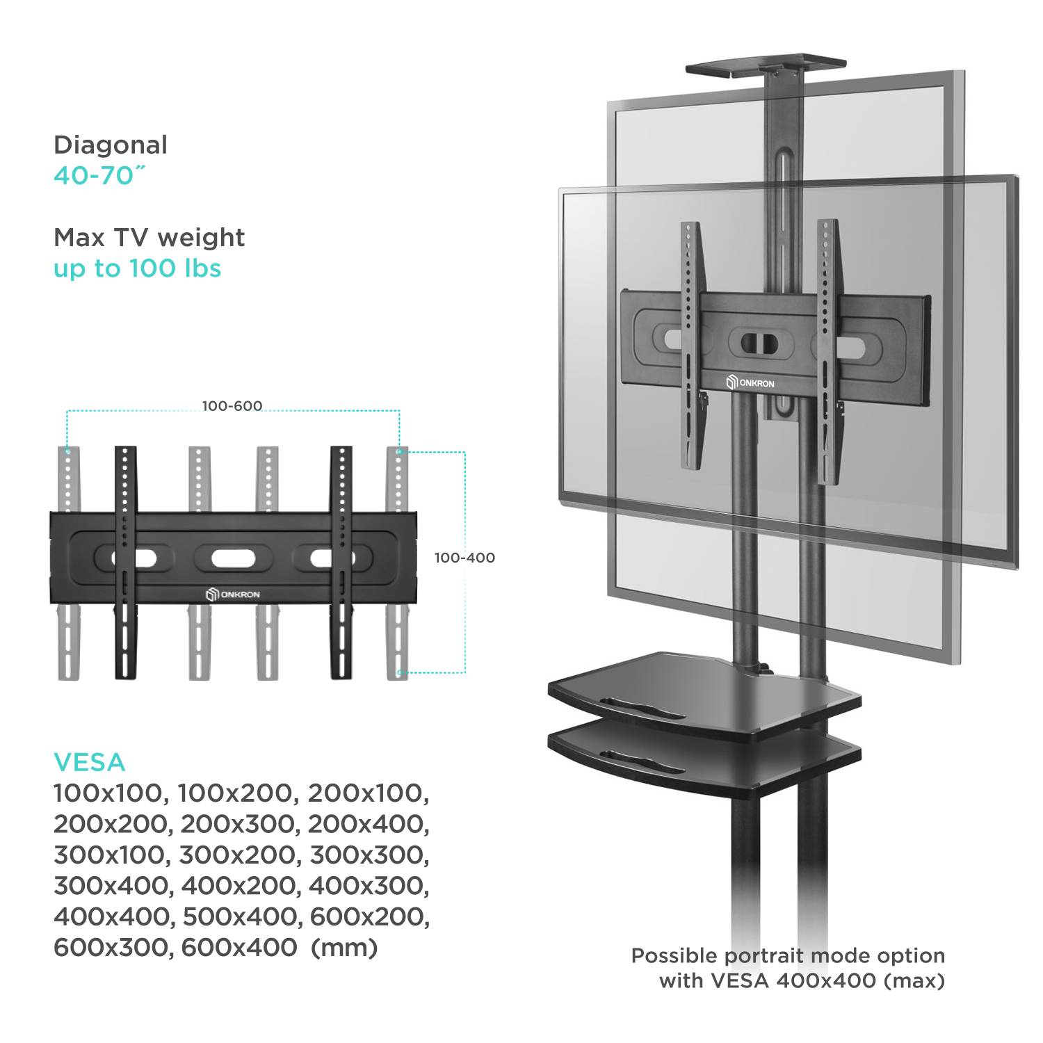 ONKRON TV Ständer 40"-70", 45.5 kg max, VESA 600x400, Höhenverstellbar, TS1552-B Schwarz-11