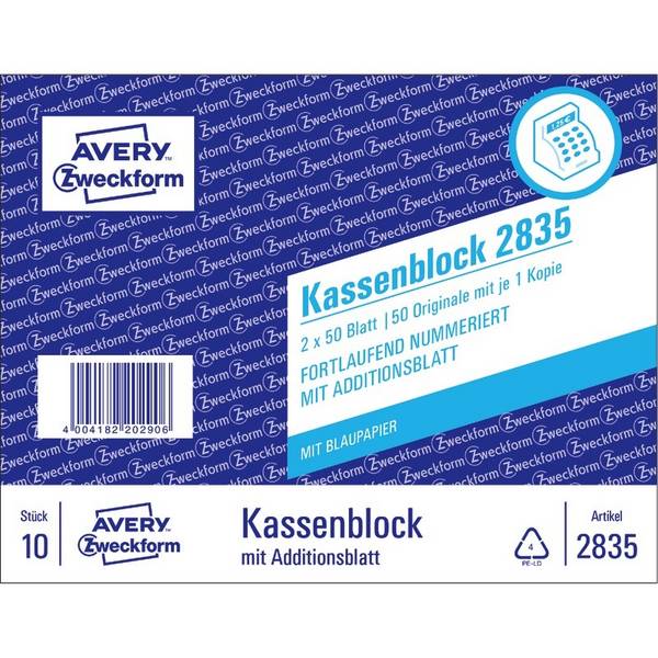 AVERY® Zweckform Kassenblock 2835, fortlaufend nummeriert, A6, mit Blaupapier, 2