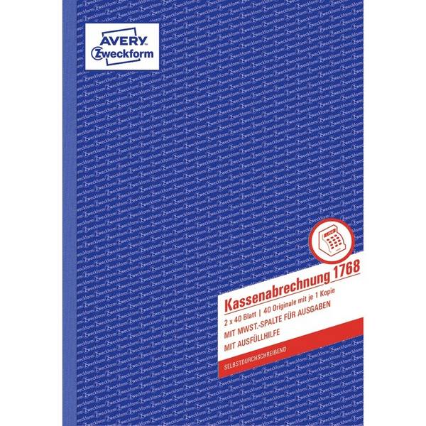 AVERY® Zweckform Kassenabrechnung 1768, A4, selbstdurchschreibend, 2x40 Blatt