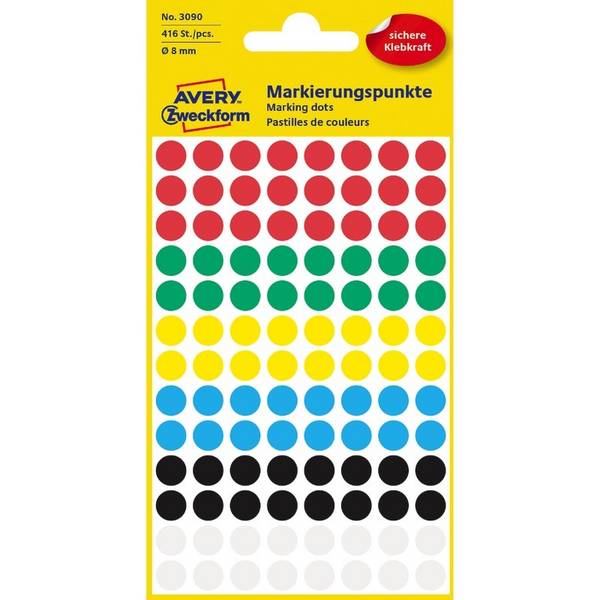 AVERY® Zweckform Markierungspunkte 3090, Ø 8 mm, 4 Bogen/416 Etiketten, mehrfarb