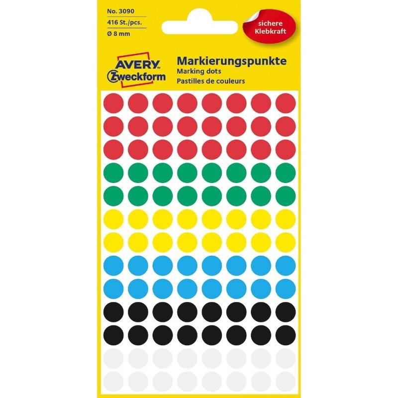 AVERY® Zweckform Markierungspunkte 3090, Ø 8 mm, 4 Bogen/416 Etiketten, mehrfarb-0