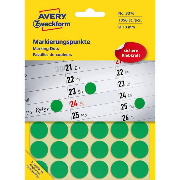 AVERY® Zweckform Markierungspunkte, Ø 18 mm, 22 Bogen/1.056 Etiketten, grün