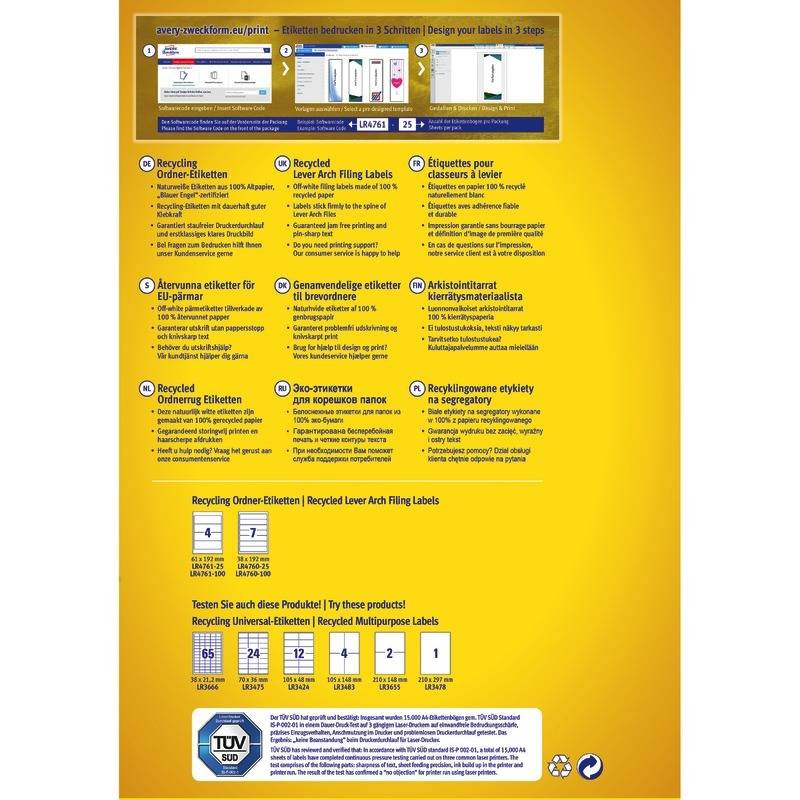 AVERY® Zweckform LR4761-25 Recycling Ordnerrücken-Etiketten, 61 x 192 mm, 30 Bog-1