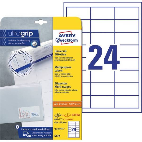 AVERY® Zweckform Universal-Etiketten 6172, 64,6 x 33,8 mm, 30 Bogen/720 Etikette