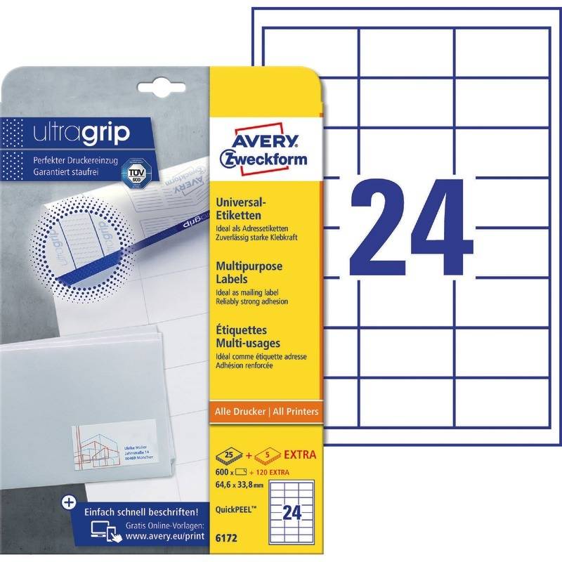 AVERY® Zweckform Universal-Etiketten 6172, 64,6 x 33,8 mm, 30 Bogen/720 Etikette-0