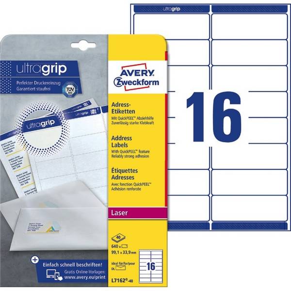 AVERY® Zweckform L7162-40 Adress-Etiketten, 99,1 x 33,9 mm, 40 Bogen/640 Etikett