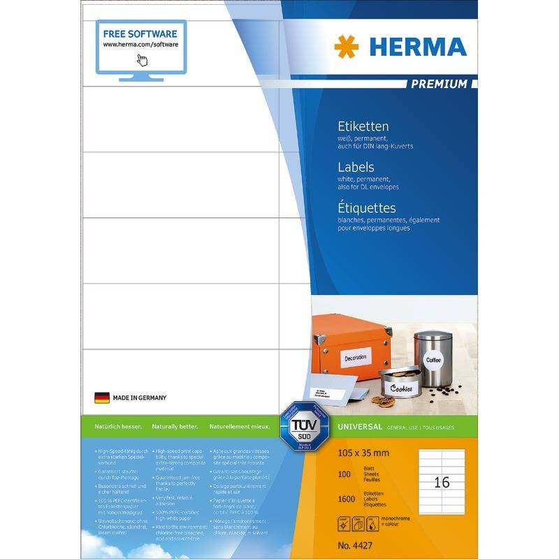 HERMA PREMIUM Etiketten 4427, A4, 105 x 35 mm, weiß, permanent haftend-0