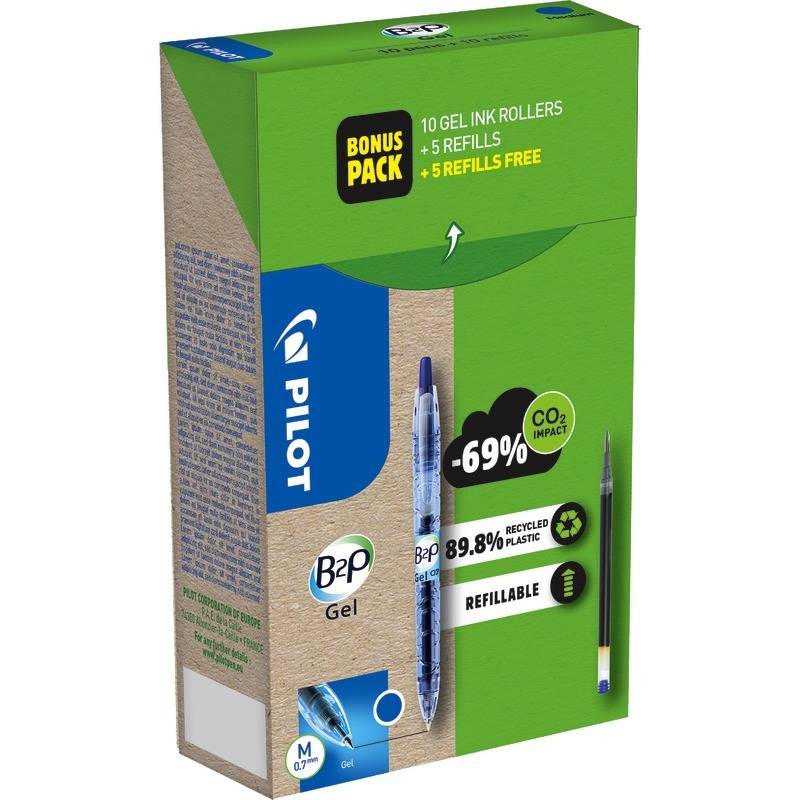 Spar-Set! 10 PILOT Gelschreiber B2P Bottle to Pen BeGreen + 10 Ersatzminen, blau-0