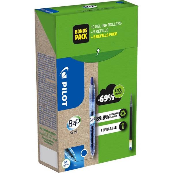 Spar-Set! 10 PILOT Gelschreiber B2P Bottle to Pen BeGreen + 10 Ersatzminen, blau