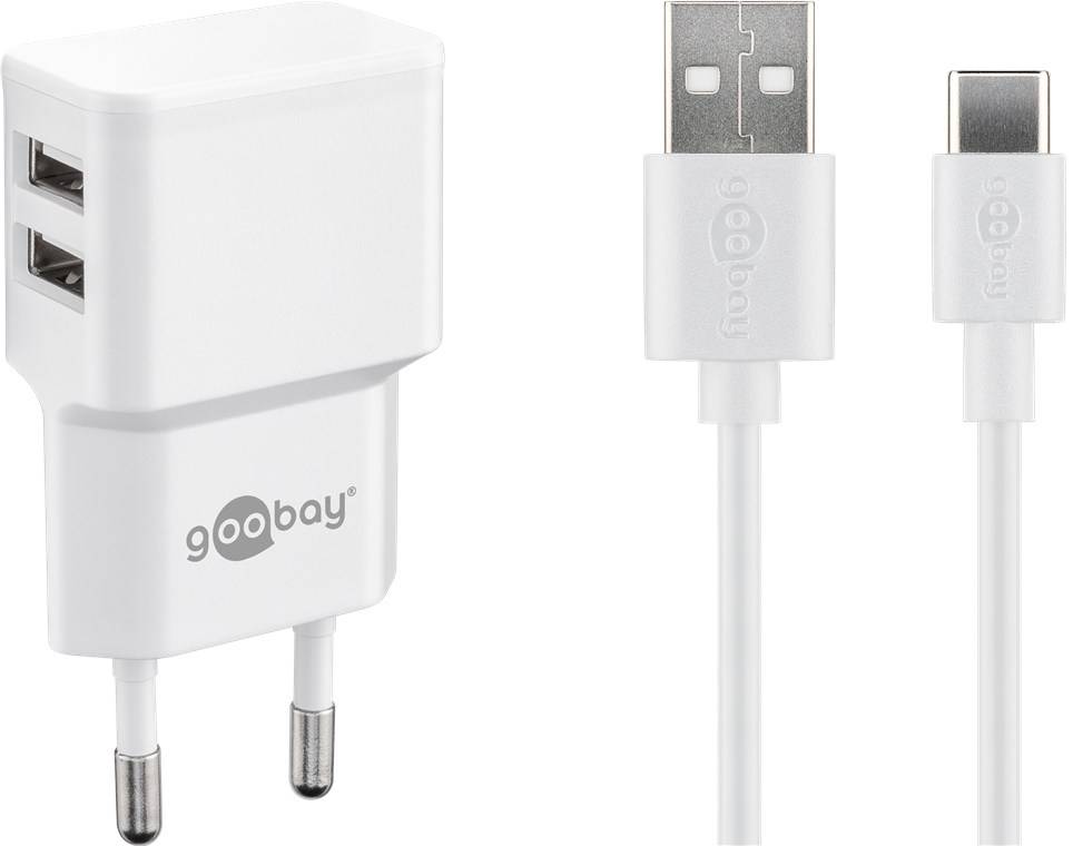 Goobay 44987 USB-A Netzteil 12W / USB-C Ladekabel / 5V Universal Ladegerät  / Dual Port Adapter 2,4A / Weiß / Kabel 1m