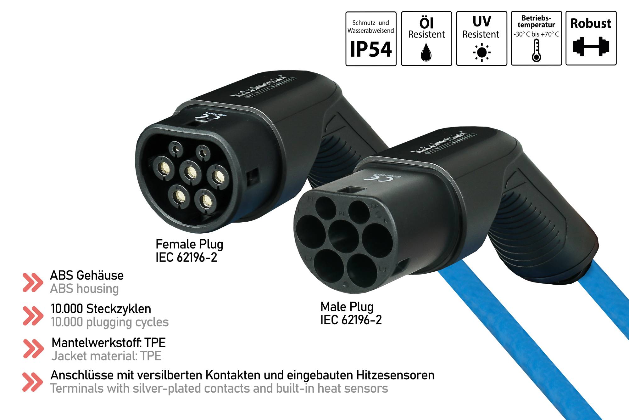 E-Auto-Ladekabel Mode 3, Typ 2 Stecker an Buchse, 3-phasig, 16 A, 11 kW, blau, 7,5m-2