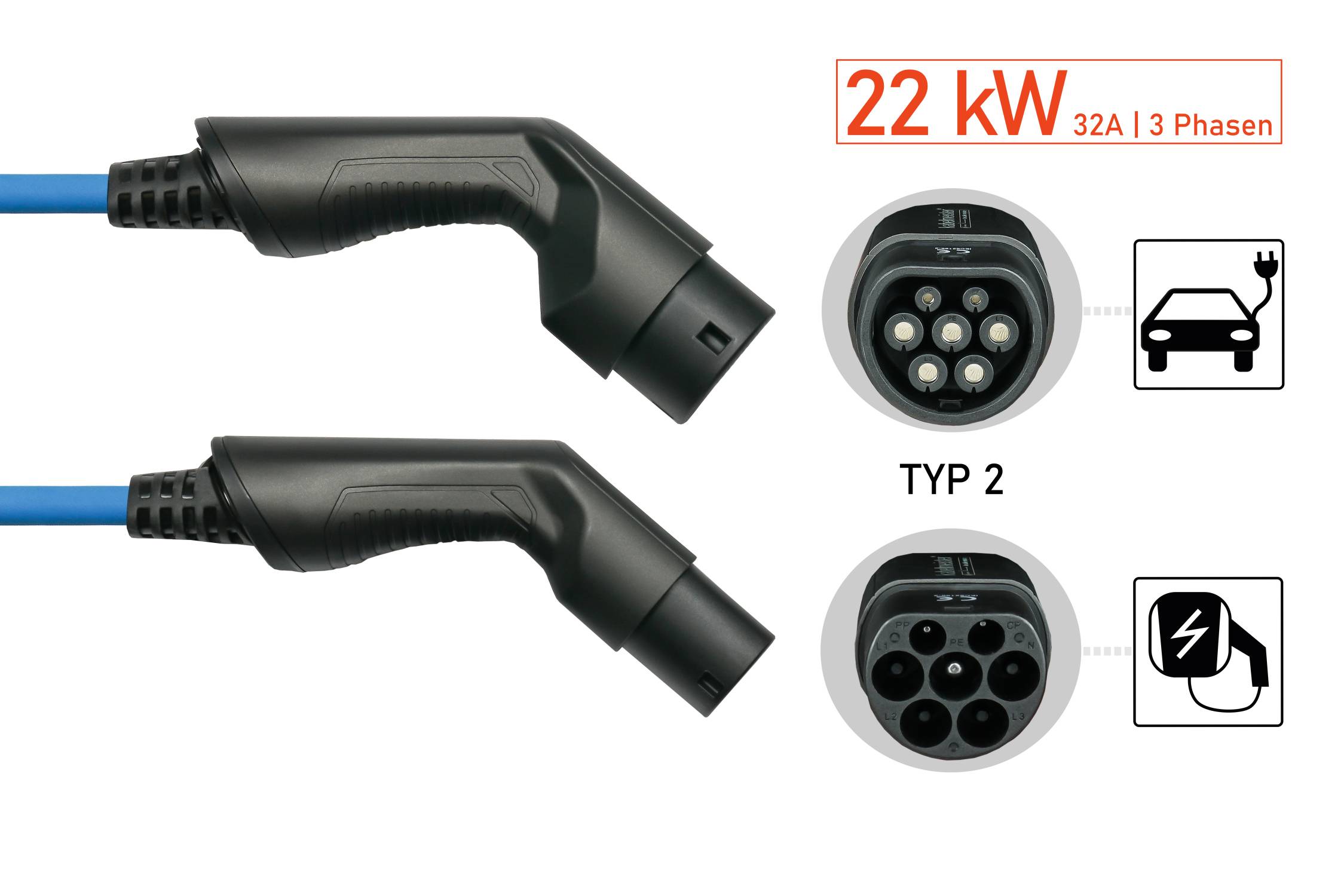 E-Auto-Ladekabel Mode 3, Typ 2 Stecker an Buchse, 3-phasig, 32 A, 22 kW, blau, 7,5m-1