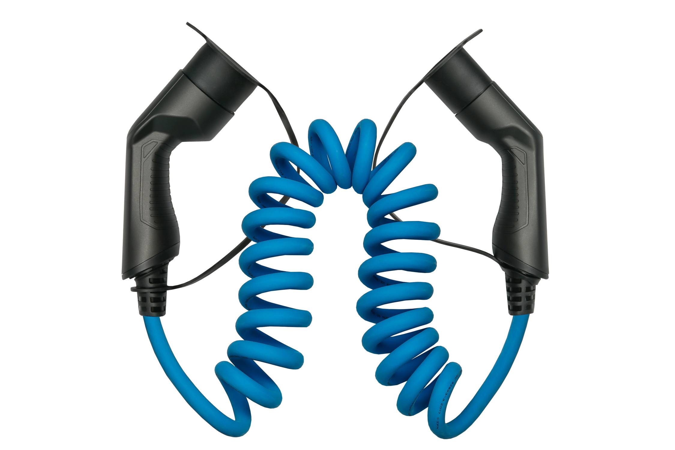 E-Auto-Ladekabel Mode 3, Typ 2 Stecker an Buchse, 3-phasig, 32 A, 22 kW, Spiralkabel, blau, 5m-0