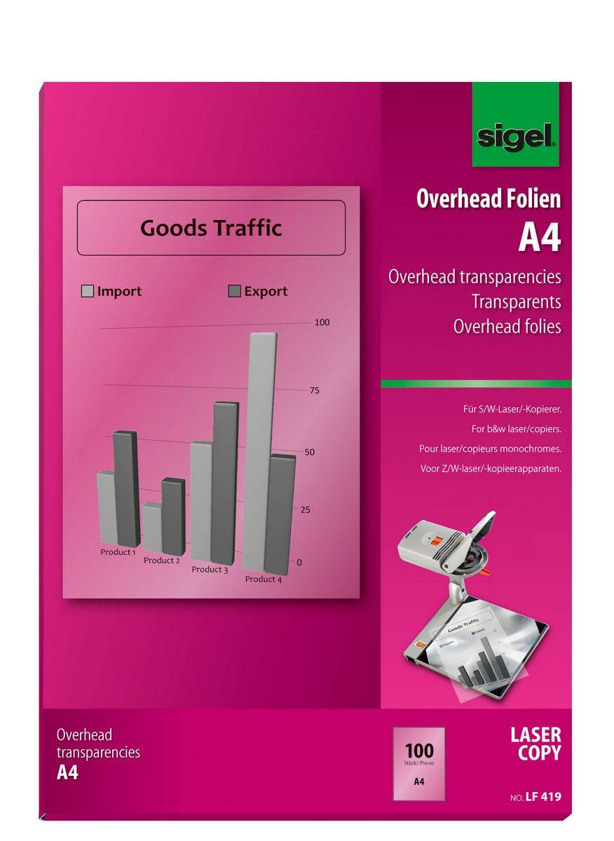 SIGEL Overhead-Folien für S/W-Laser/-Kopierer, beschichtet, bds. bedruckbar, 100 µm, 100 BL-0