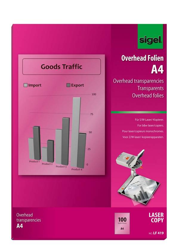 SIGEL Overhead-Folien für S/W-Laser/-Kopierer, beschichtet, bds. bedruckbar, 100 µm, 100 BL