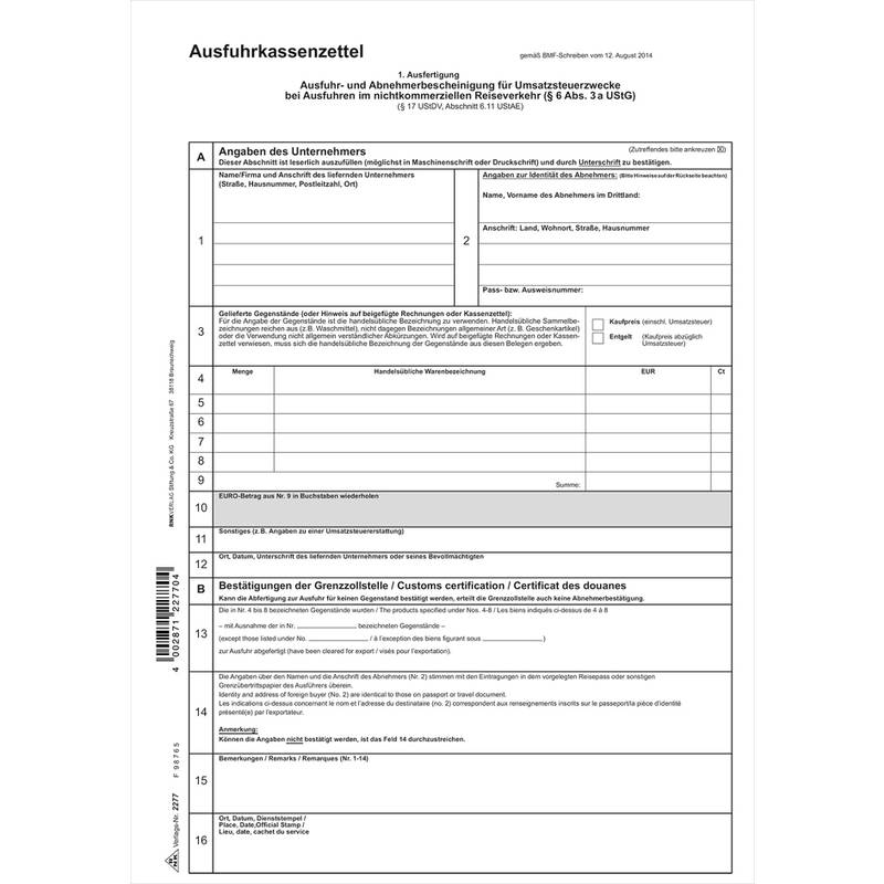 Ausfuhrkassenzettel / Abnehmerbescheinigung Umsatzsteuer - SD 1x3 Blatt DIN A4.-0