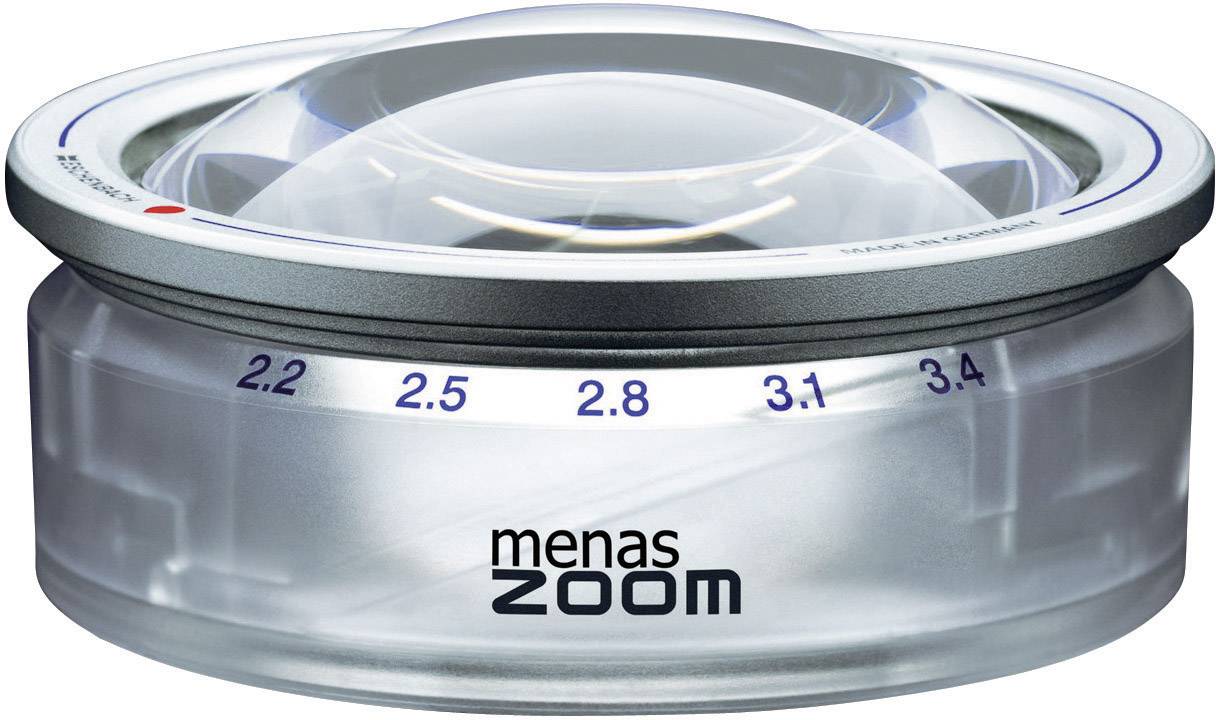 Eine runde Handlupe mit einer Skala von 2.2 bis 3.4, beschriftet mit 'menas ZOOM', zum Vergrößern von Text oder Objekten.
