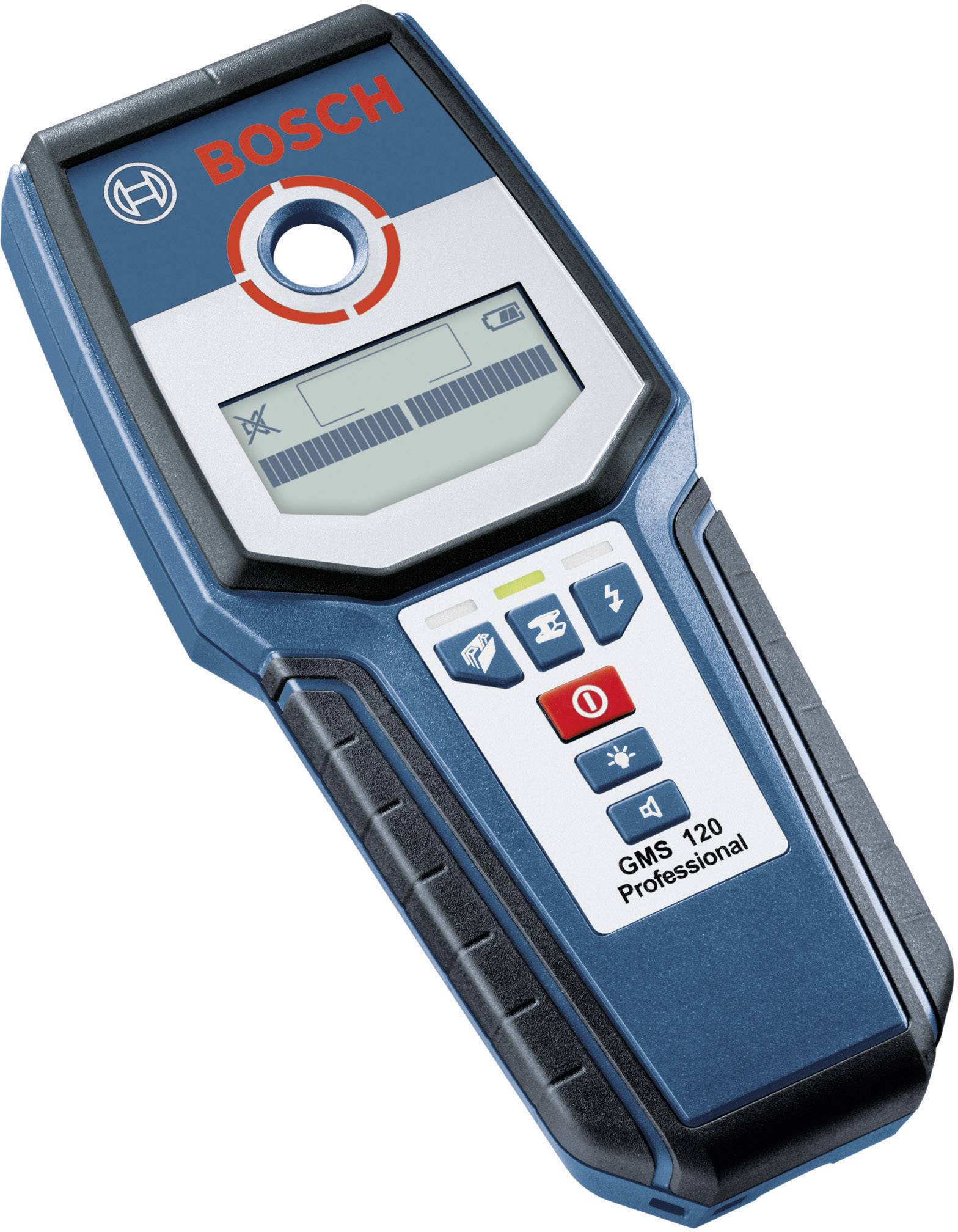 Ein Bosch GMS 120 Professional Ortungsgerät mit blauem Gehäuse, Bildschirm und Tasten für die Suche nach Metall, Stromleitungen und Holz.