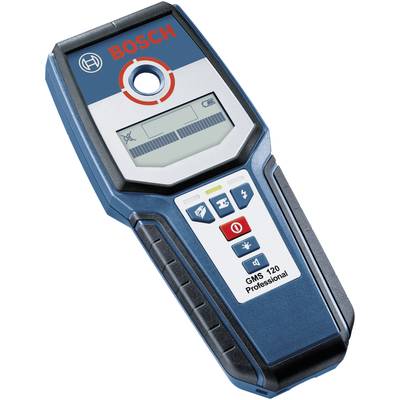 Ein Bosch GMS 120 Professional Ortungsgerät mit blauem Gehäuse, Bildschirm und Tasten für die Suche nach Metall, Stromleitungen und Holz.