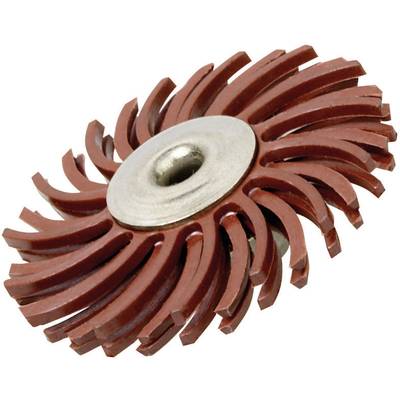 Rotes Scheibenbürstenwerkzeug mit mehreren flexiblen Borsten und Metallmitte, zur Reinigung und Politur von Oberflächen verwendet.