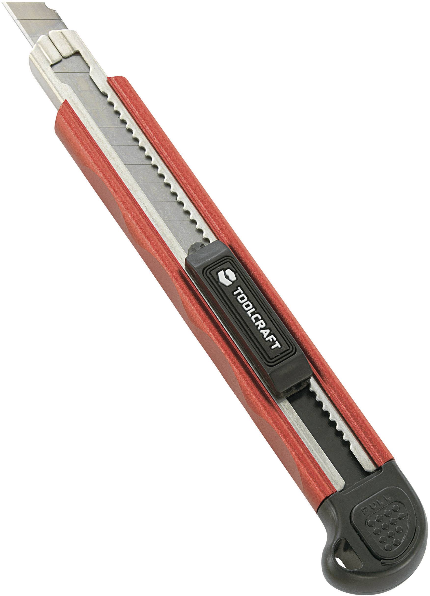 Ein rotes Universalmesser mit ausfahrbarer Klinge und schwarzem Griff, auf dem 'Toolcraft' steht. Ideal zum Schneiden von Materialien.