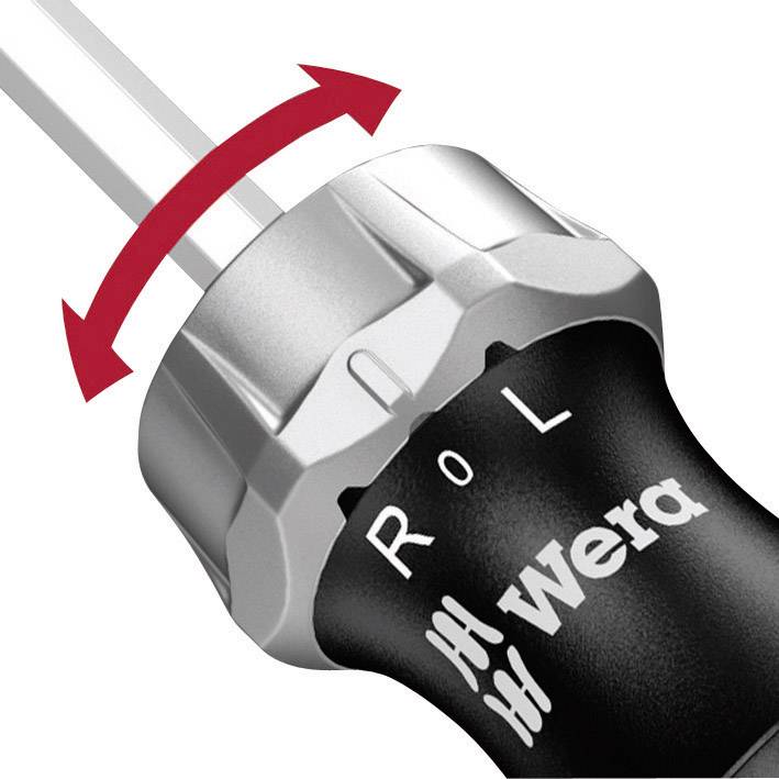 Handgriff mit Pfeilen zeigt Dreh-, Rechts- und Linksbewegung an. Text auf Griff: 'RoL' und Markenname.