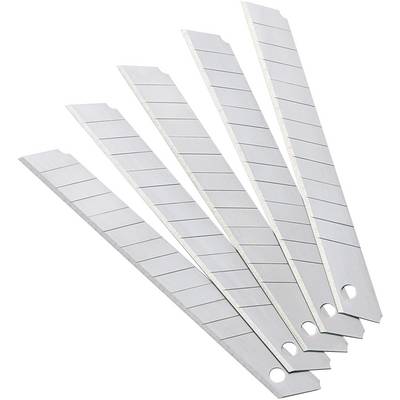 Fünf trapezförmige Ersatzklingen aus silbernem Metall mit vorgekerbten Linien zum Abbrechen, ausgebreitet und leicht überlappend.