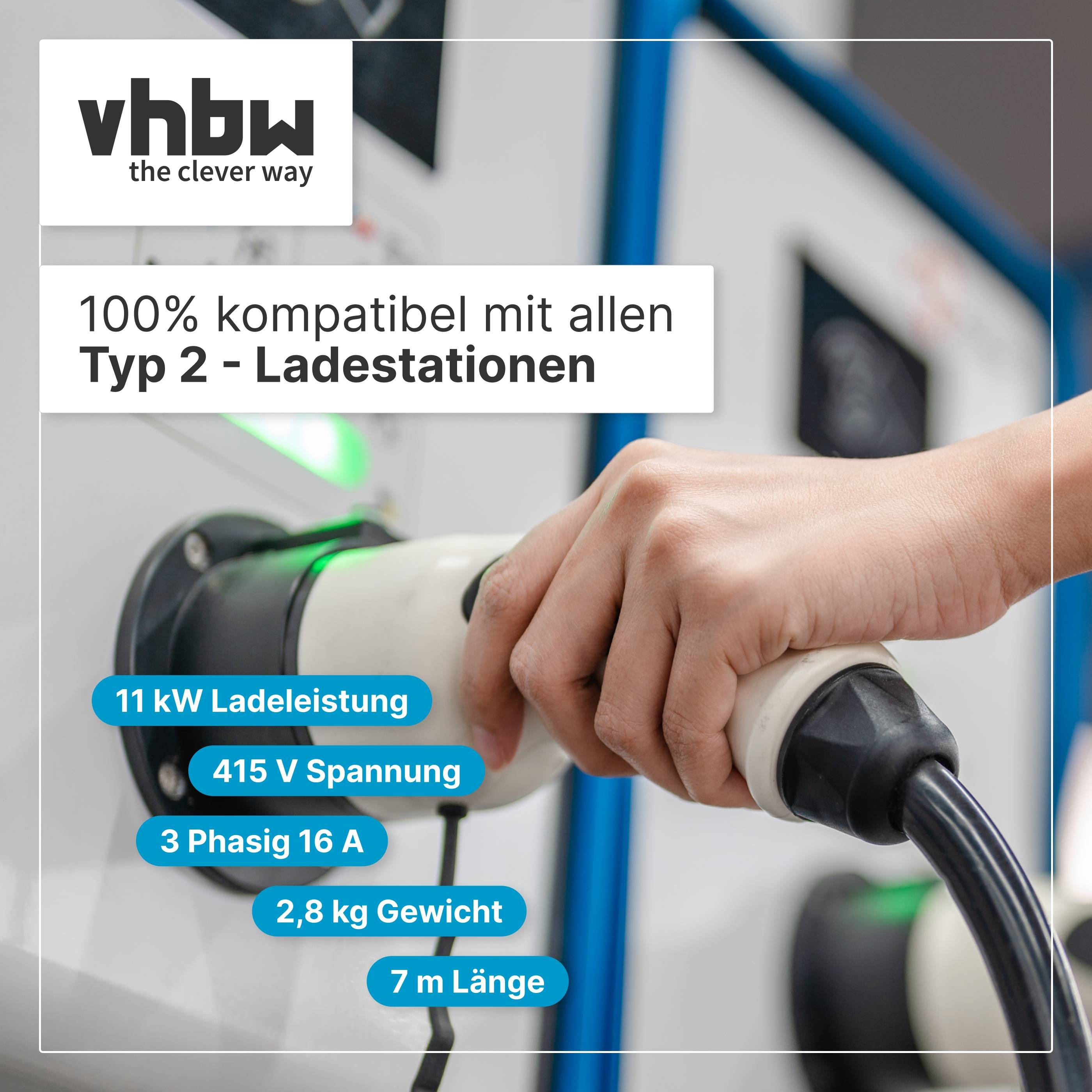 vhbw Typ 2 Ladekabel 11 kW 16 A 3-phasig 7 m für E-Auto | Kabel für Wallbox & Ladestation-1