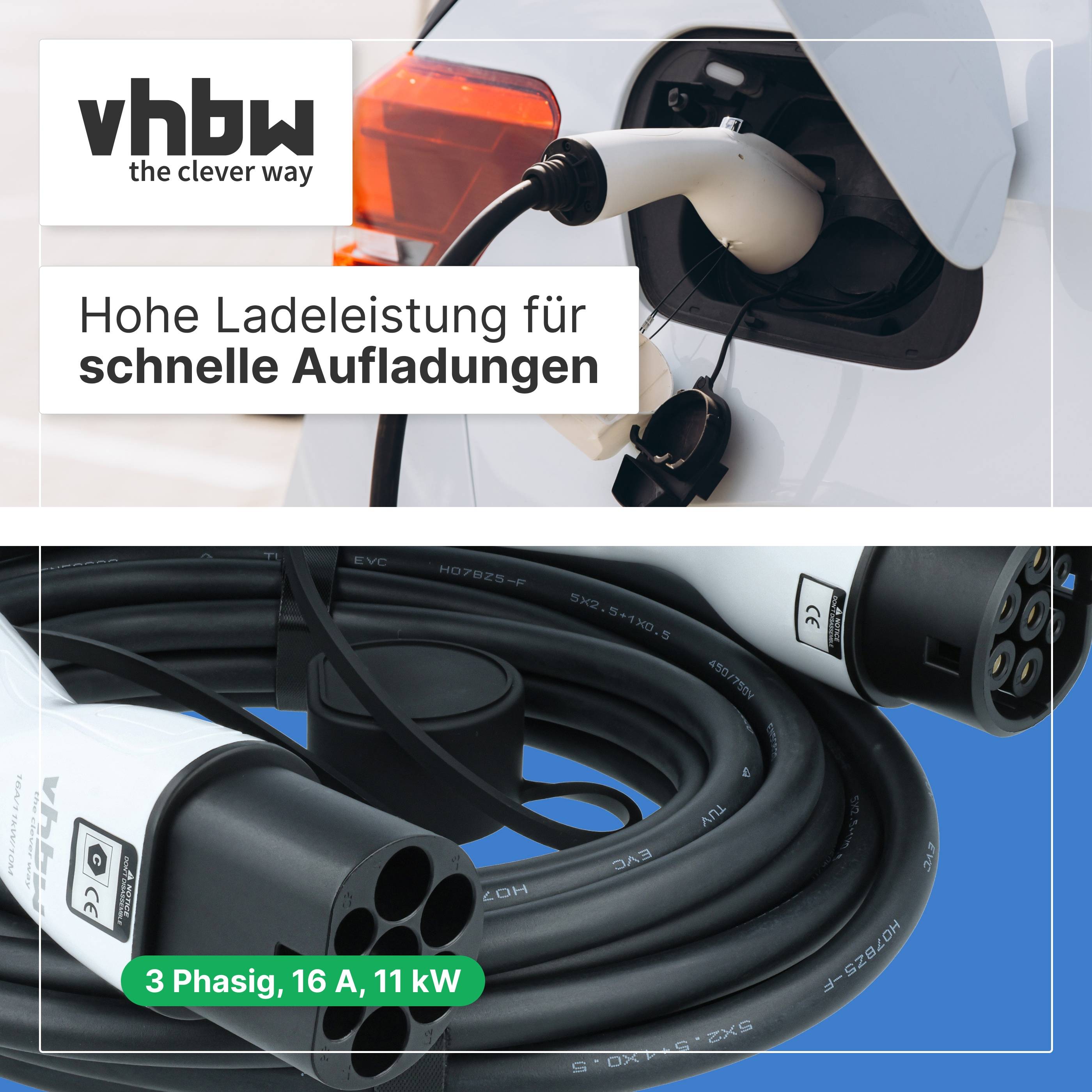 vhbw Typ 2 Ladekabel 11 kW 16 A 3-phasig 7 m für E-Auto | Kabel für Wallbox & Ladestation-2