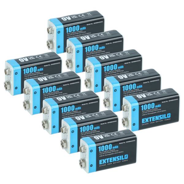 EXTENSILO 10x 9V-Akku Block Ersatz für Daitem BATV13 (1 Ah, 9 V, Li-Ion) | ready-to-use, mit Micro USB Buchse