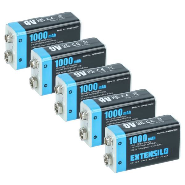 EXTENSILO 9V-Akku Block für diverse Geräte (1 Ah, 9 V, Li-Ion) | ready-to-use, mit Micro USB Buchse