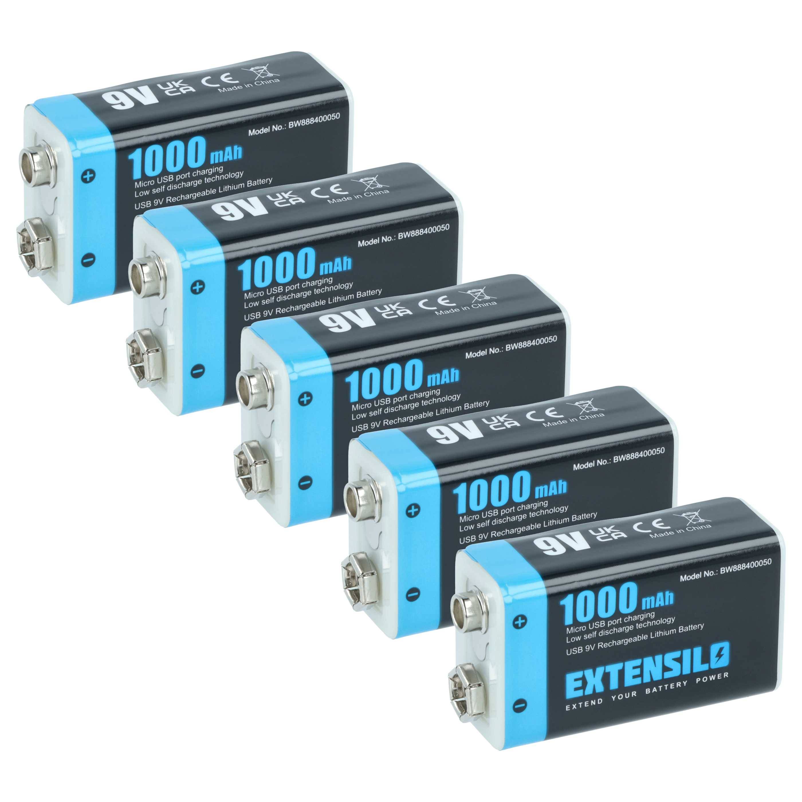 EXTENSILO 9V-Akku Block kompatibel mit Daitem DC270 | DC271, D21, DC272 (1 Ah, 9 V, Li-Ion), ready-to-use, mit Micro USB-0