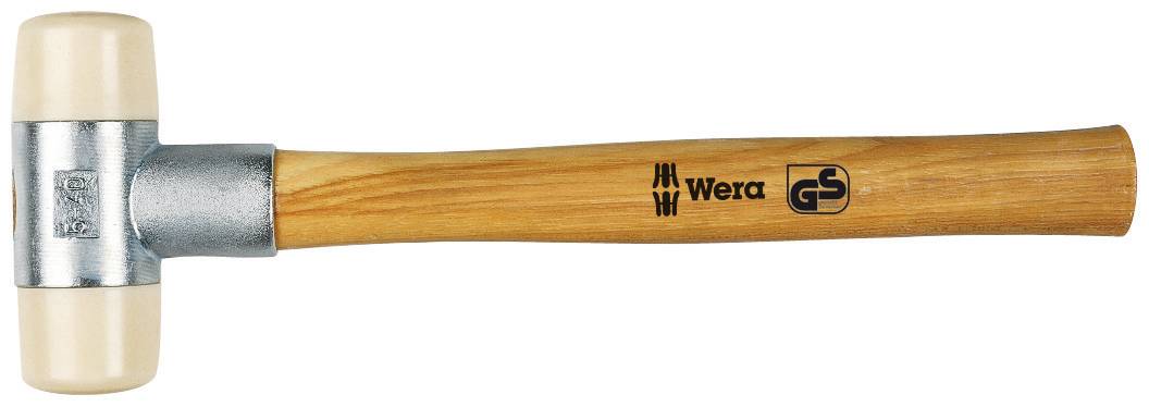 Holzhammer mit Metallkopf und Kunststoffkopfteilen, mit den Marken 'Wera' und 'GS' auf dem Griff.