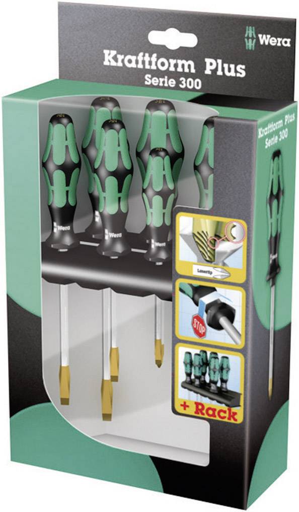 'Wera Kraftform Plus Serie 300' Schraubendreher-Set in Verpackung mit 6 Schraubendrehern, abgebildet mit flexiblem Rack.