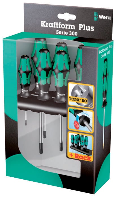 Packung mit Wera Kraftform Plus Schraubendrehern, Serie 300, in Grün und Schwarz. Enthält Halterung, Torx BO Spitze und Stop-Funktion.