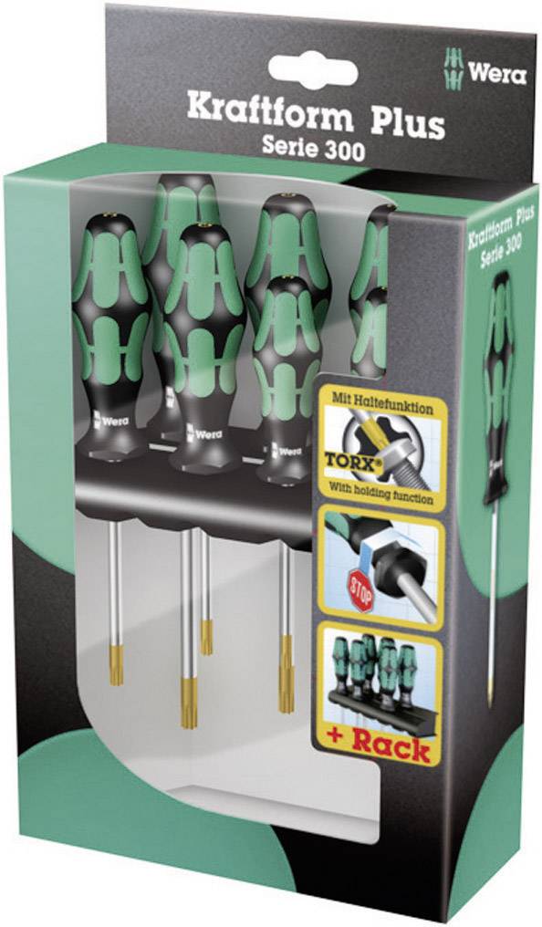 Schraubendrehersatz 'Kraftform Plus Serie 300' von Wera in einer Verpackung. Enthält fünf Schraubendreher mit Haltefunktion und Wandhalterung.