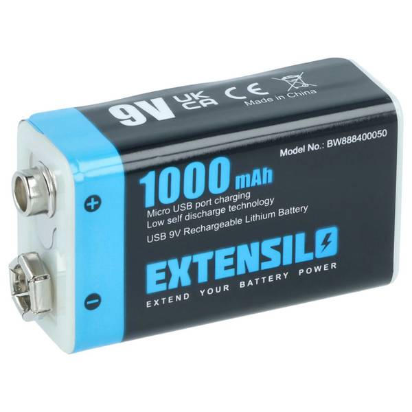 EXTENSILO 9V-Akku Block kompatibel mit Daitem SP 150-21X | 03/07 (1 Ah, 9 V, Li-Polymer), ready-to-use, mit Micro USB