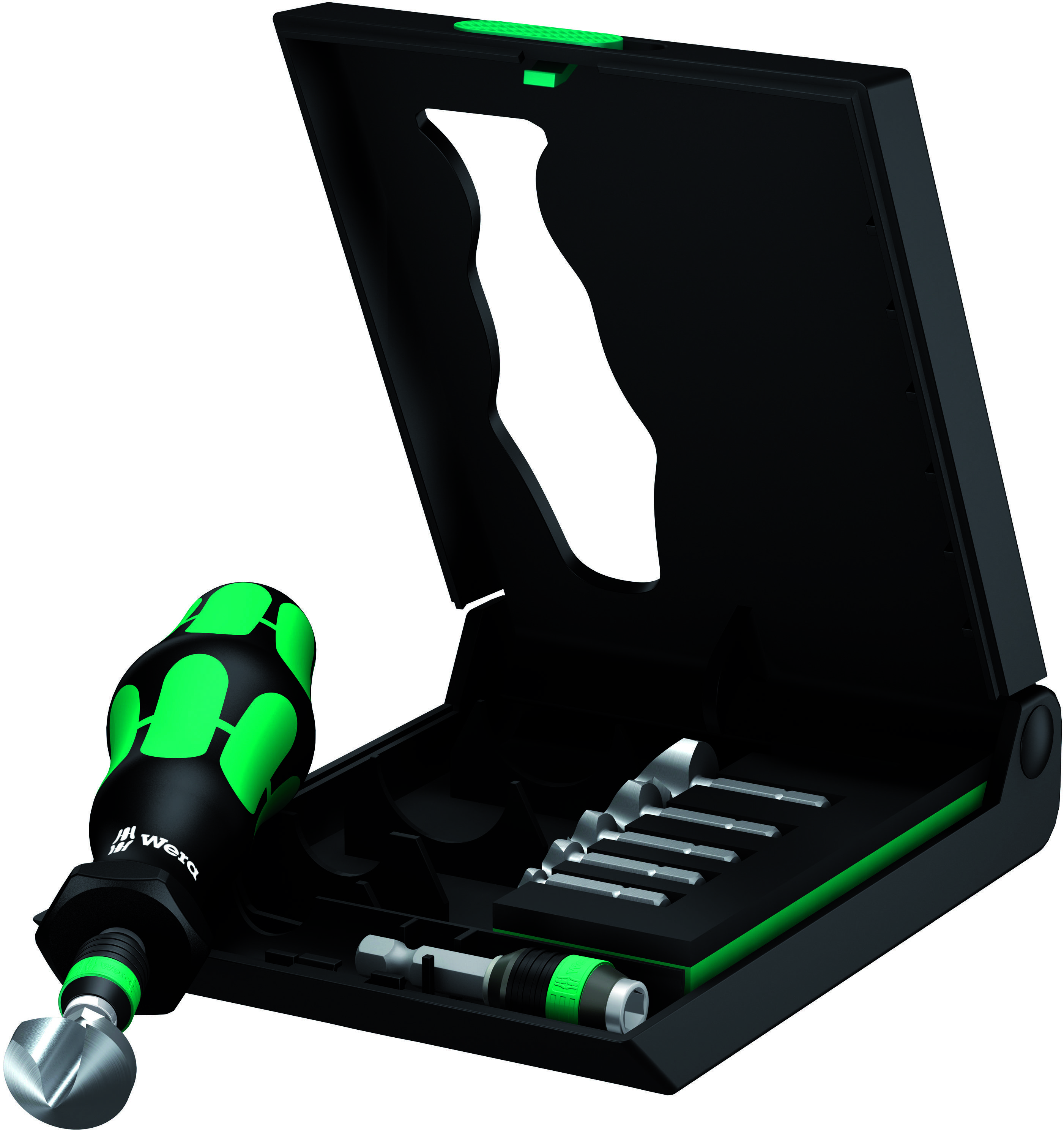 Ein Schraubendreher-Set in einem offenen schwarzen Etui mit mehreren Bits und einem ergonomischen Griff in Grün und Schwarz.