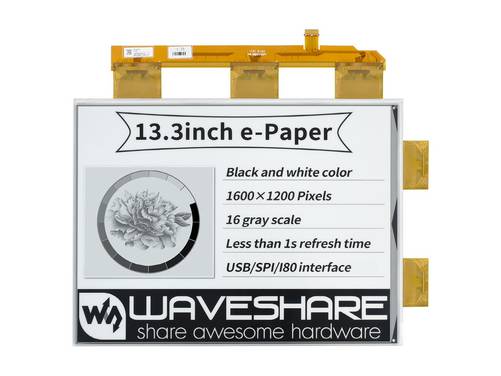 WaveShare 13.3inch e-Paper e-Ink Raw Display, 1600×1200, Black / White, 16 Grey Scales, Parallel