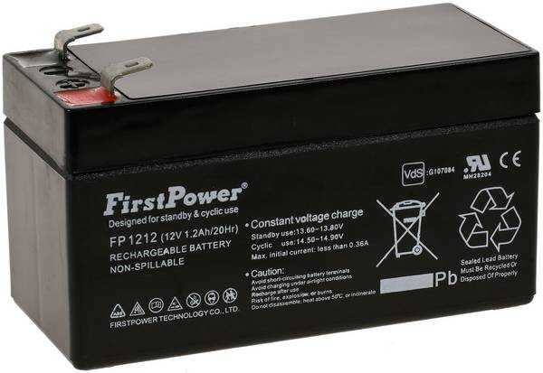 FirstPower Blei-Gel Akku FP1212 1,2Ah 12V VdS kompatibel mit Panasonic LC-R121R3PG, 12V, Lead-Acid