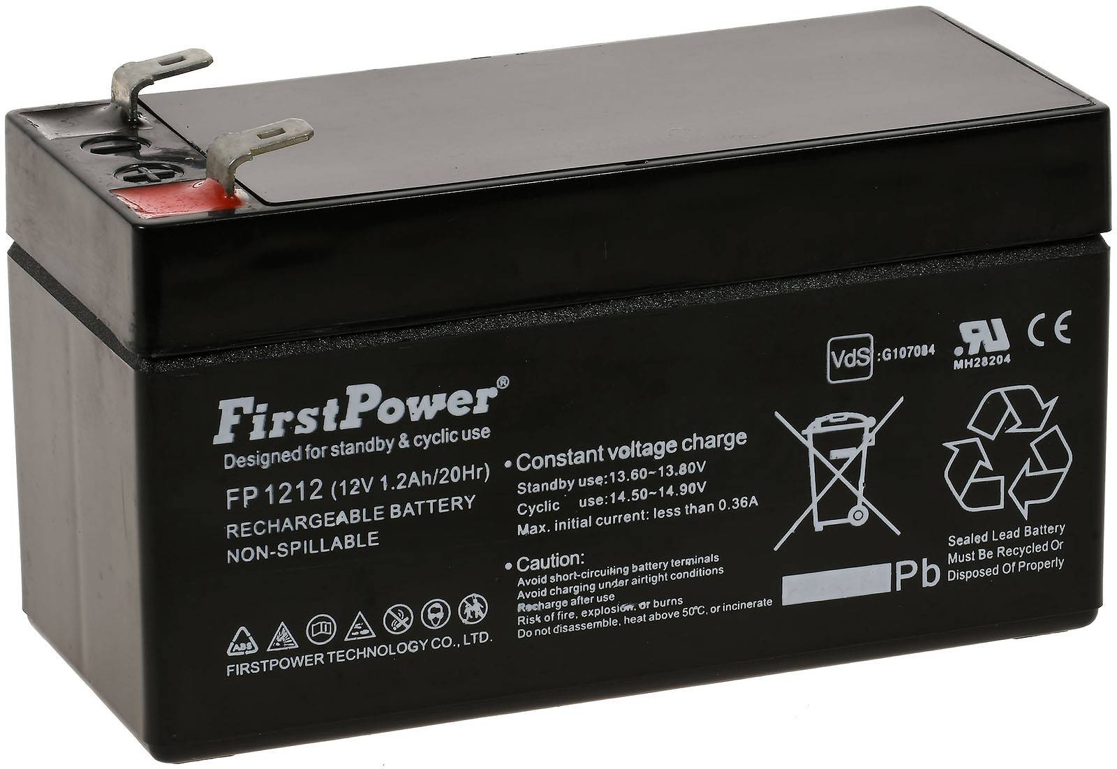 FirstPower Blei-Gel Akku FP1212 1,2Ah 12V VdS kompatibel mit Panasonic LC-R121R3PG, 12V, Lead-Acid-0