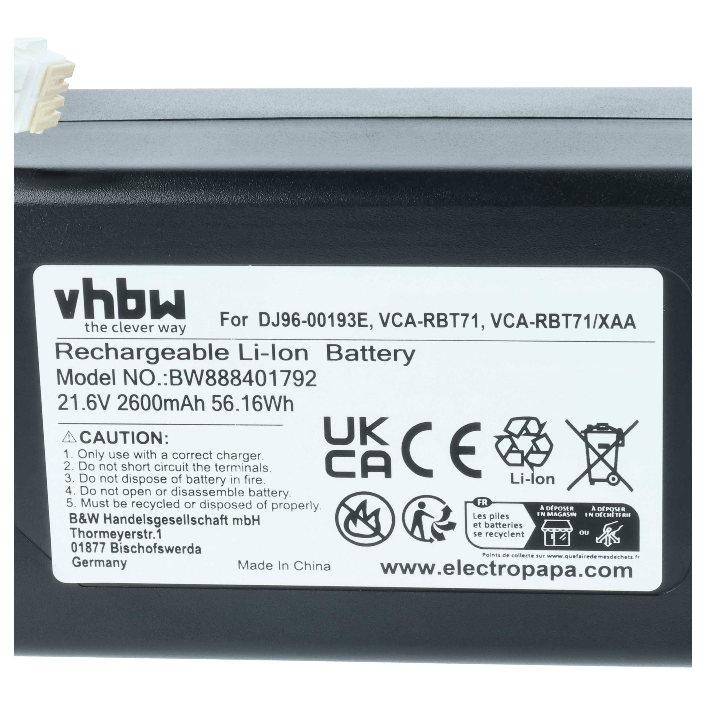 vhbw Akku kompatibel mit Samsung Powerbot SR20J9020U | SR20J9040W, SR10M703PWG, SR1GM7020UG Saugroboter Schwarz (2600-3