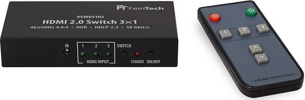 FeinTech VSW03102 HDMI 2.0 Switch 3x1 Automatische Umschaltung 4K 60Hz HDR CEC Ultra-HD