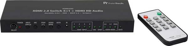 FeinTech VSW04202 HDMI 2.0 Switch 4x1 mit HD-Audio Extractor 7.1 Dolby Atmos ARC 4K 60Hz HDR