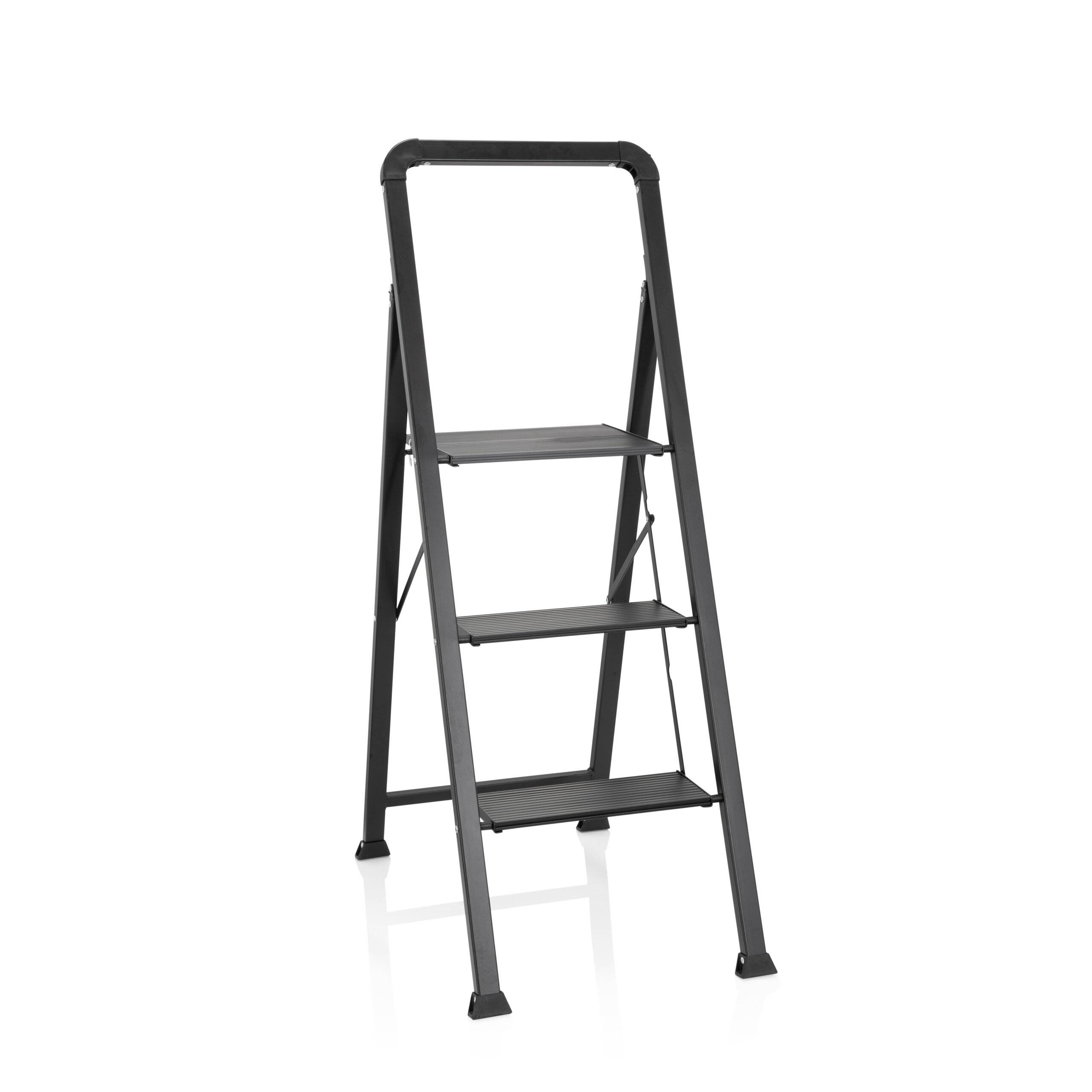 Klappleiter SOLID W6 Stahl Aluminium schwarz mit Griff 3 Stufen hjh OFFICE-0