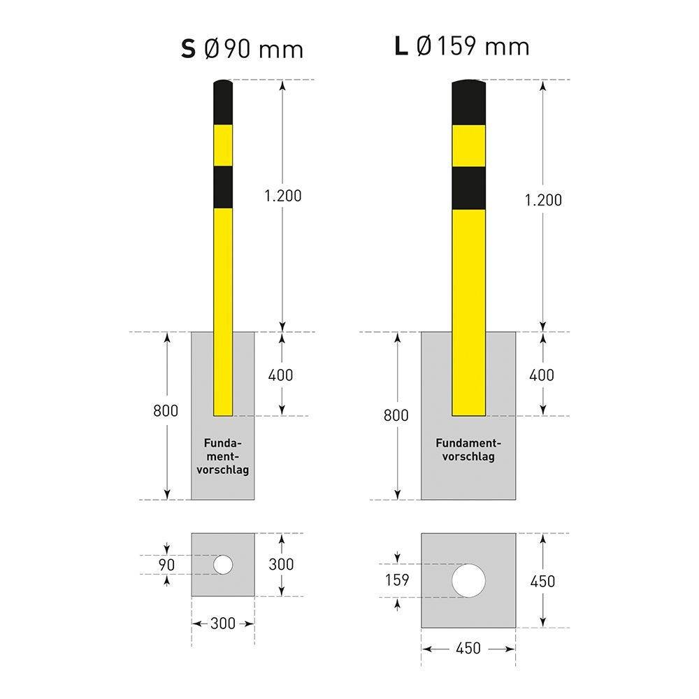 Rammschutzpoller MEDIUM, zum Einbetonieren, Gütestahl Ø 90 mm, gelb/schwarz, 1600 mm-1