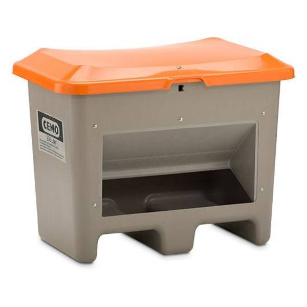 CEMO Streugutbehälter Plus3, 200 Liter, Staplertaschen, Entnahmeöffnung, GFK, grau/orange
